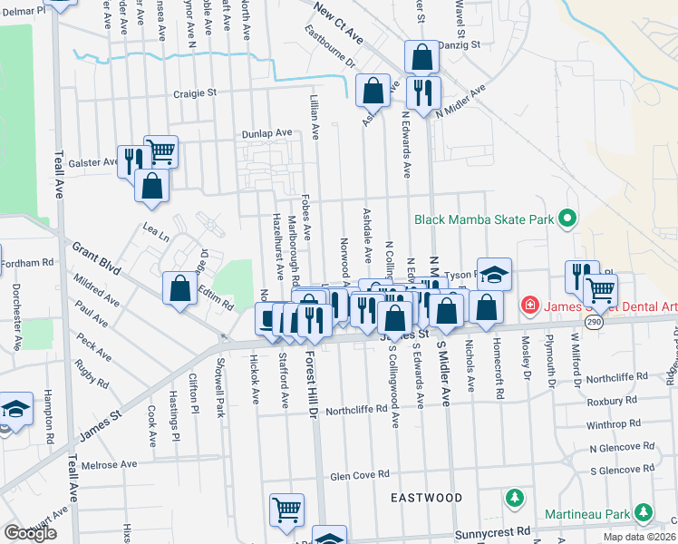 map of restaurants, bars, coffee shops, grocery stores, and more near 211 Norwood Avenue in Syracuse