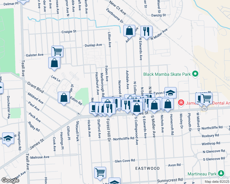 map of restaurants, bars, coffee shops, grocery stores, and more near 211 Norwood Avenue in Syracuse