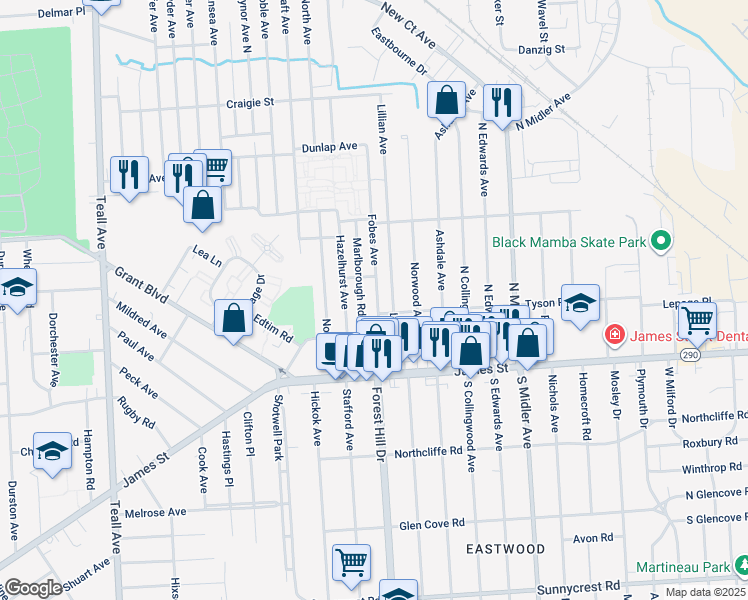 map of restaurants, bars, coffee shops, grocery stores, and more near 147-51 Fobes Avenue in Syracuse