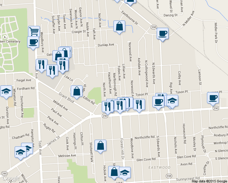 map of restaurants, bars, coffee shops, grocery stores, and more near 153 Hazelhurst Avenue in Syracuse