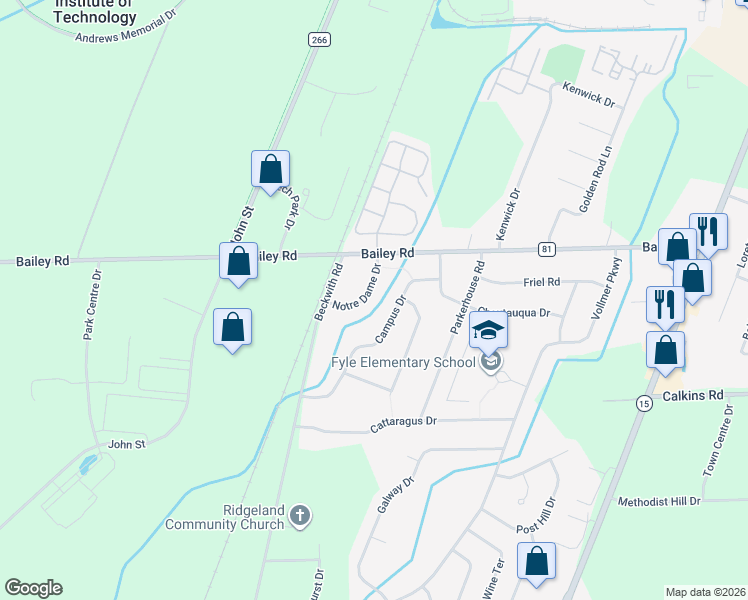 map of restaurants, bars, coffee shops, grocery stores, and more near 51 Notre Dame Drive in Rochester