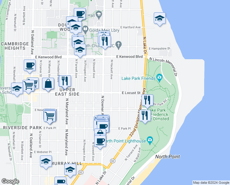 map of restaurants, bars, coffee shops, grocery stores, and more near 2905 North Summit Avenue in Milwaukee