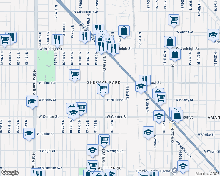 map of restaurants, bars, coffee shops, grocery stores, and more near in Milwaukee