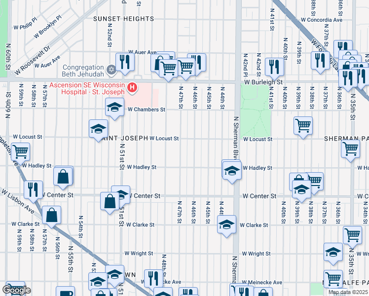 map of restaurants, bars, coffee shops, grocery stores, and more near 2854 North 47th Street in Milwaukee