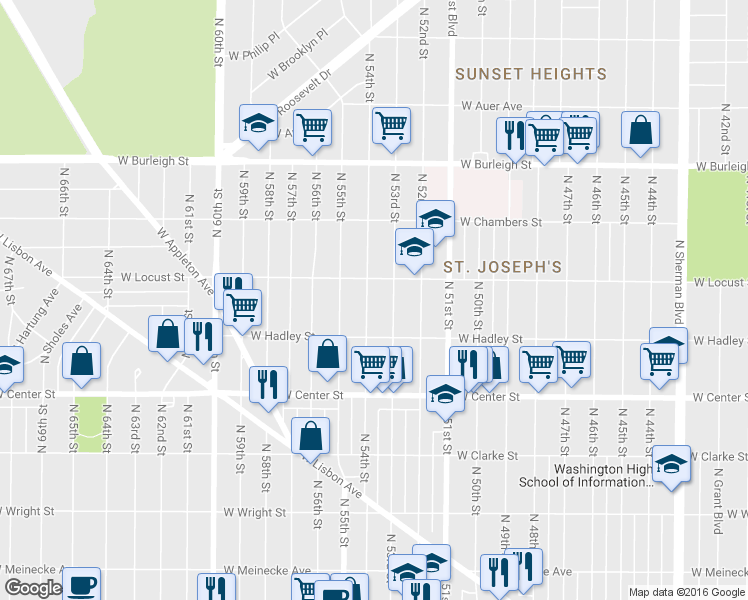 map of restaurants, bars, coffee shops, grocery stores, and more near 2851 North 54th Street in Milwaukee