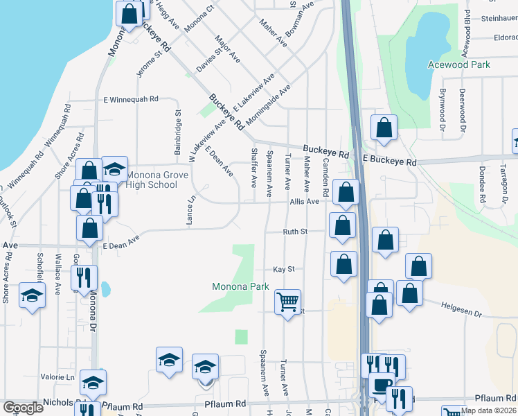 map of restaurants, bars, coffee shops, grocery stores, and more near 4601 Allis Avenue in Madison