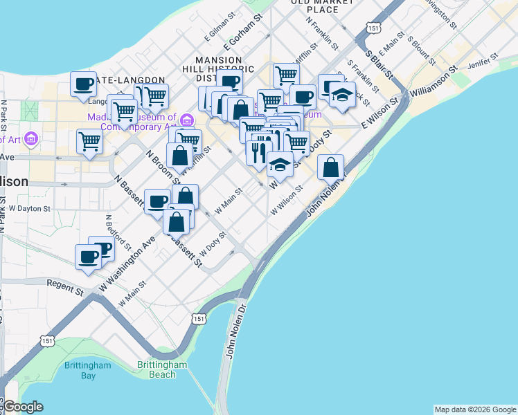 map of restaurants, bars, coffee shops, grocery stores, and more near 200 South Henry Street in Madison