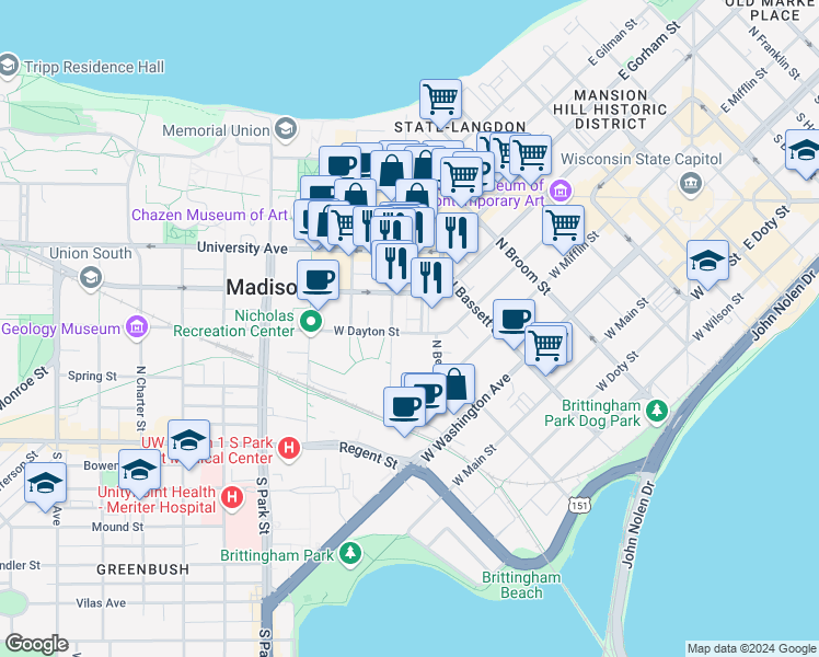 map of restaurants, bars, coffee shops, grocery stores, and more near 550 West Dayton Street in Madison