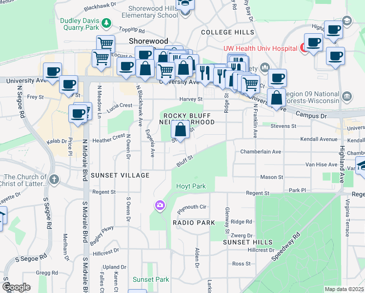 map of restaurants, bars, coffee shops, grocery stores, and more near 3104 Bluff Street in Madison