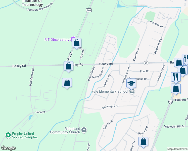 map of restaurants, bars, coffee shops, grocery stores, and more near 71 Notre Dame Drive in Rochester