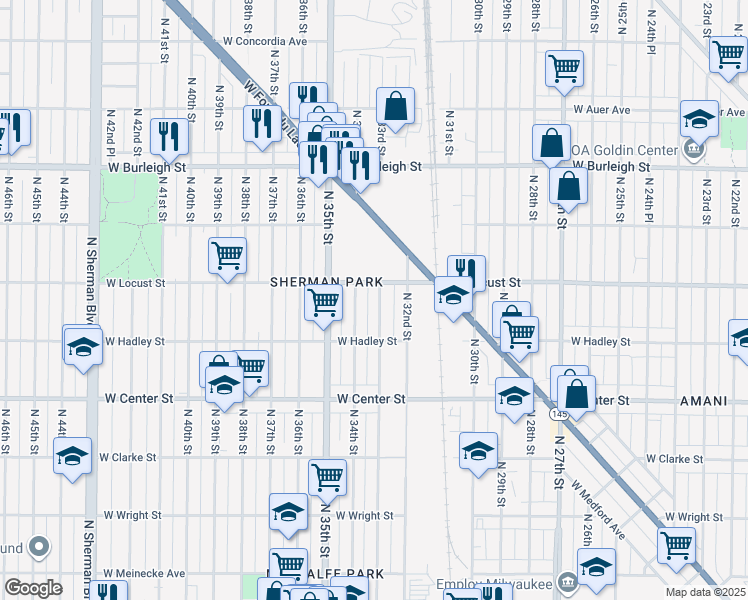 map of restaurants, bars, coffee shops, grocery stores, and more near 2859 North 33rd Street in Milwaukee