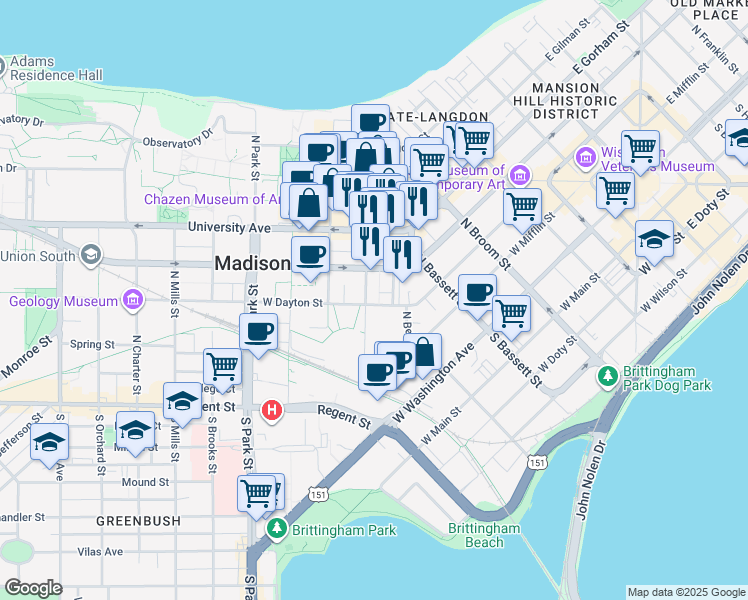 map of restaurants, bars, coffee shops, grocery stores, and more near 552 West Dayton Street in Madison