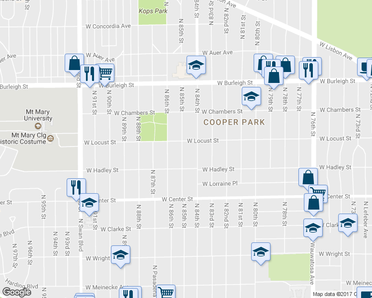 map of restaurants, bars, coffee shops, grocery stores, and more near 2854 North 85th Street in Milwaukee