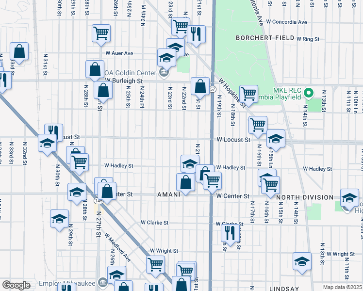 map of restaurants, bars, coffee shops, grocery stores, and more near 2863 North 22nd Street in Milwaukee