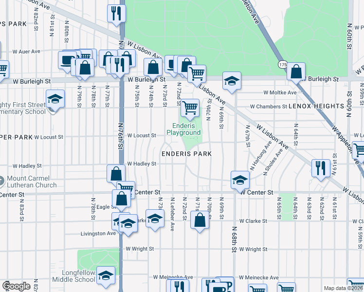 map of restaurants, bars, coffee shops, grocery stores, and more near 2853 North 72nd Street in Milwaukee