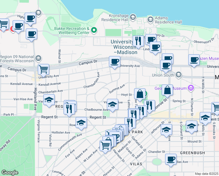 map of restaurants, bars, coffee shops, grocery stores, and more near 113 Ely Place in Madison