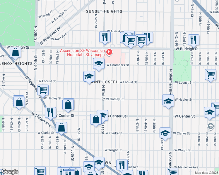 map of restaurants, bars, coffee shops, grocery stores, and more near 2857 North 50th Street in Milwaukee