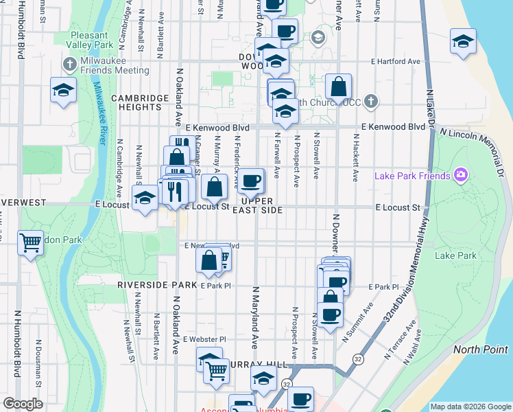 map of restaurants, bars, coffee shops, grocery stores, and more near E Locust St & N Maryland Ave in Milwaukee