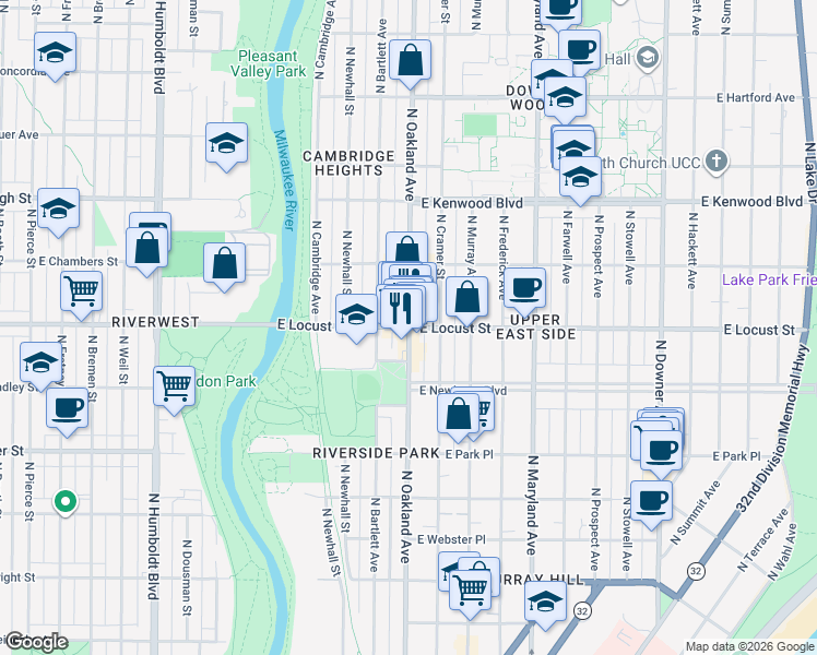 map of restaurants, bars, coffee shops, grocery stores, and more near North Oakland Avenue & East Locust Street in Milwaukee