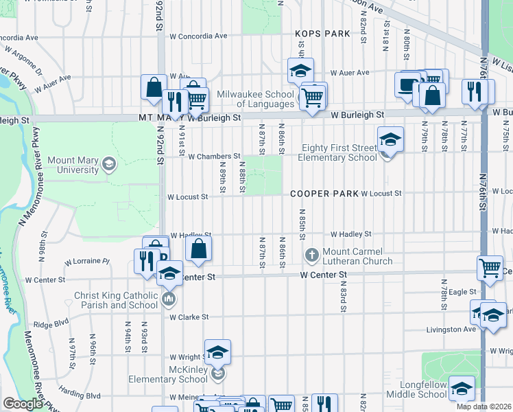 map of restaurants, bars, coffee shops, grocery stores, and more near 2857 North 87th Street in Milwaukee