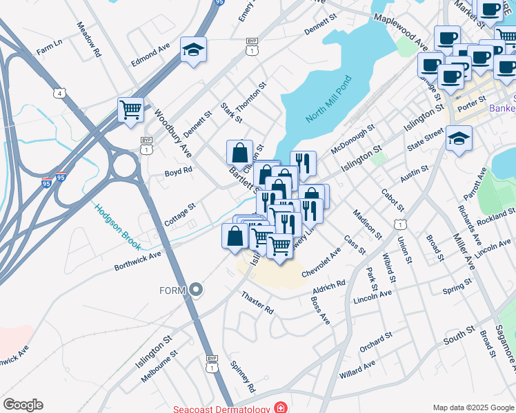 map of restaurants, bars, coffee shops, grocery stores, and more near 54 Bartlett Street in Portsmouth
