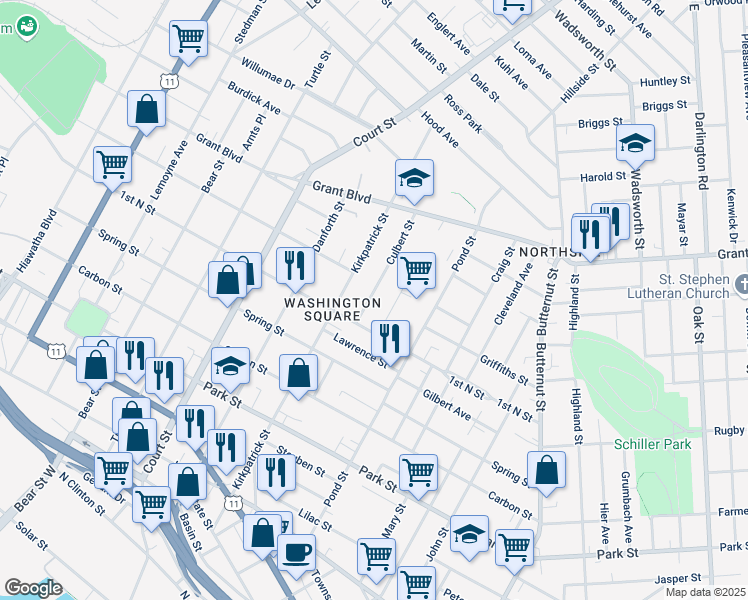 map of restaurants, bars, coffee shops, grocery stores, and more near 114 Culbert Street in Syracuse