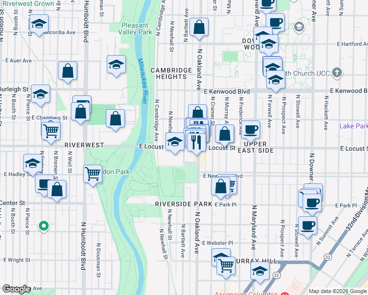 map of restaurants, bars, coffee shops, grocery stores, and more near E Locust St & N Bartlett Ave in Milwaukee