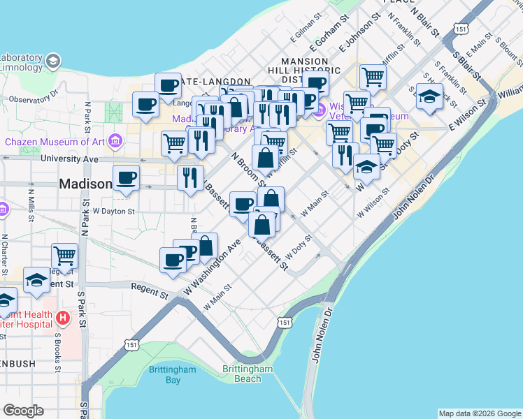 map of restaurants, bars, coffee shops, grocery stores, and more near 422 West Washington Avenue in Madison