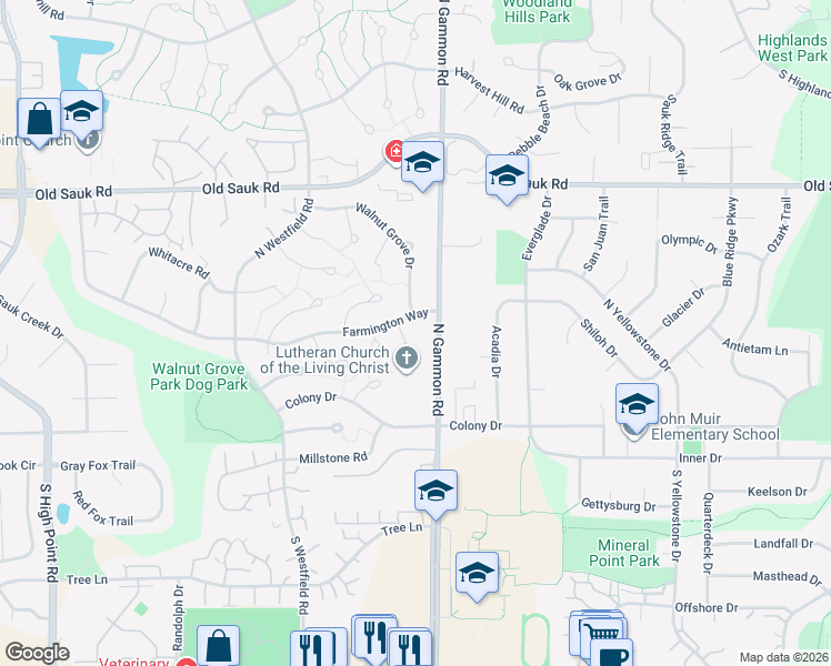 map of restaurants, bars, coffee shops, grocery stores, and more near 5 Round Hill Circle in Madison