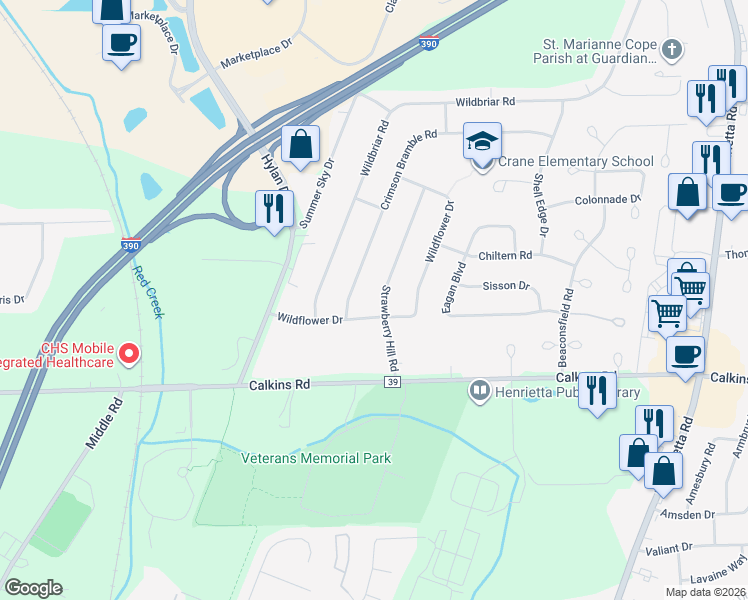 map of restaurants, bars, coffee shops, grocery stores, and more near 99 Strawberry Hill Road in Rochester