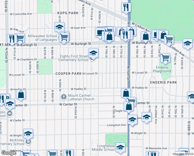 map of restaurants, bars, coffee shops, grocery stores, and more near 2857 North 80th Street in Milwaukee
