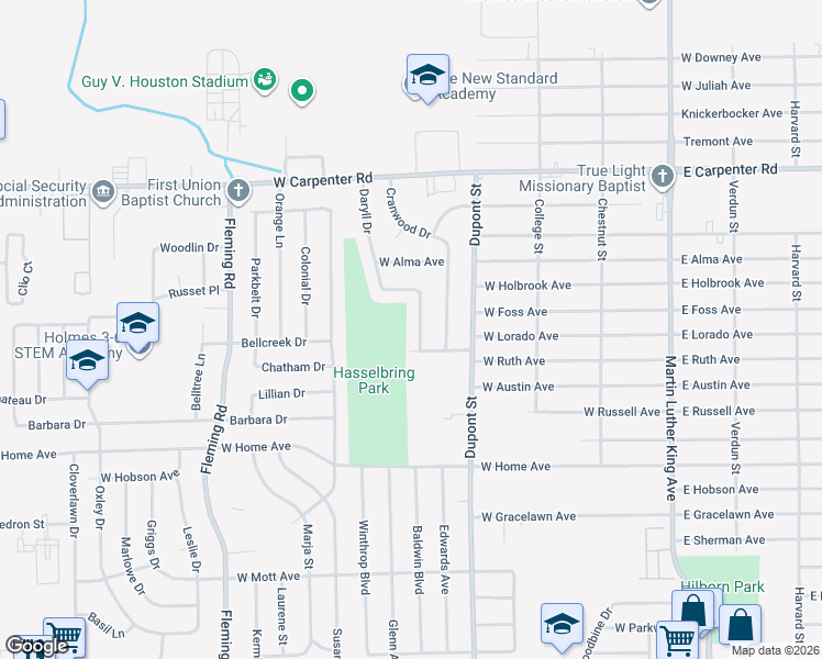 map of restaurants, bars, coffee shops, grocery stores, and more near 6513 Daryll Drive in Flint