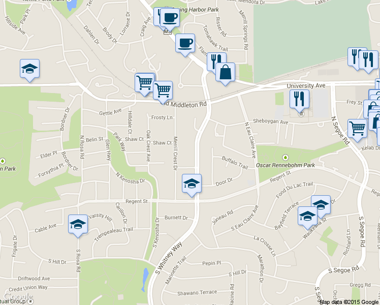 map of restaurants, bars, coffee shops, grocery stores, and more near 302 North Whitney Way in Madison