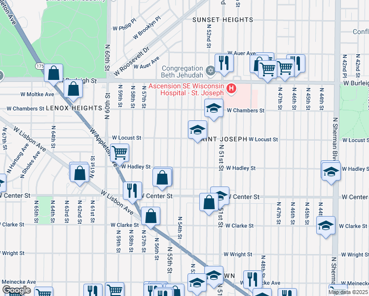 map of restaurants, bars, coffee shops, grocery stores, and more near 2851 North 54th Street in Milwaukee