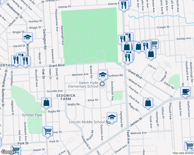 map of restaurants, bars, coffee shops, grocery stores, and more near 485 Durston Avenue in Syracuse