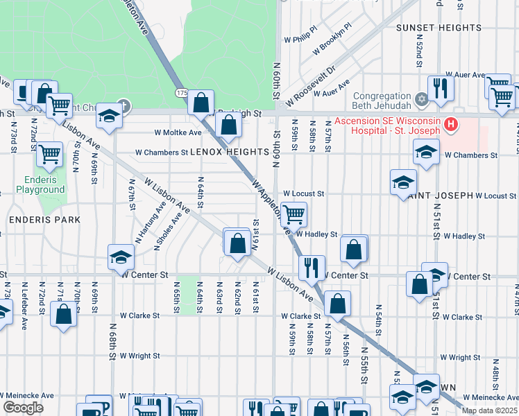 map of restaurants, bars, coffee shops, grocery stores, and more near 2856 North 61st Street in Milwaukee