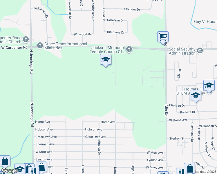 map of restaurants, bars, coffee shops, grocery stores, and more near 3223 West Carpenter Road in Flint