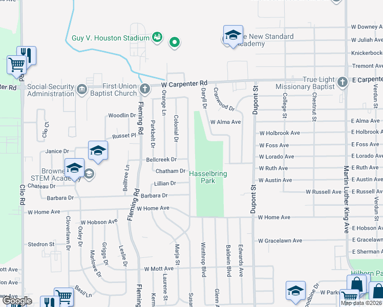 map of restaurants, bars, coffee shops, grocery stores, and more near 6606 Sally Court in Flint