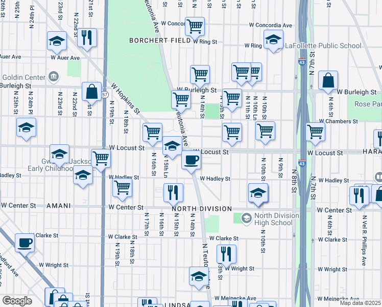 map of restaurants, bars, coffee shops, grocery stores, and more near 2870 North Teutonia Avenue in Milwaukee