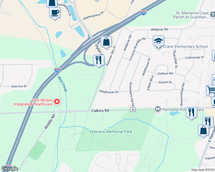 map of restaurants, bars, coffee shops, grocery stores, and more near 566 Wildbriar Road in Rochester