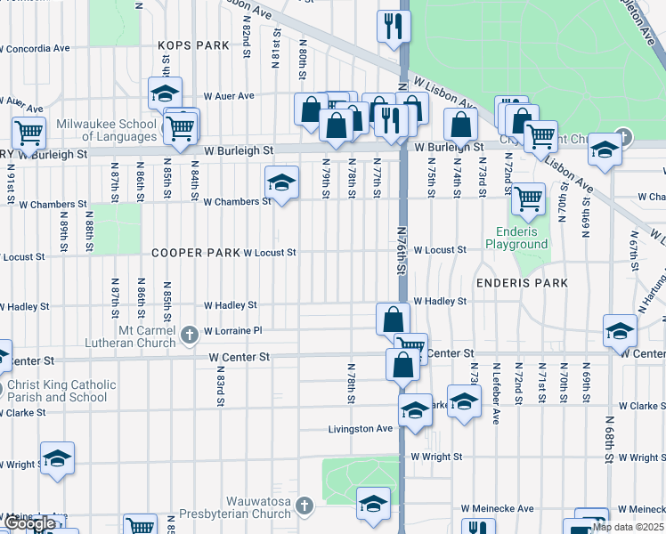 map of restaurants, bars, coffee shops, grocery stores, and more near 2850 North 79th Street in Milwaukee