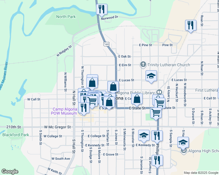 map of restaurants, bars, coffee shops, grocery stores, and more near 313 North Harlan Street in Algona