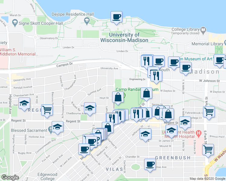 map of restaurants, bars, coffee shops, grocery stores, and more near 138 North Breese Terrace in Madison