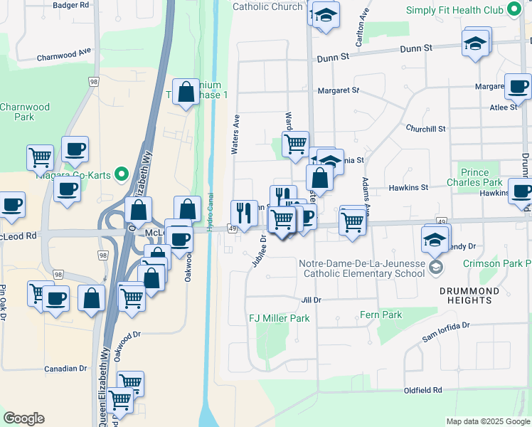 map of restaurants, bars, coffee shops, grocery stores, and more near in Niagara Falls
