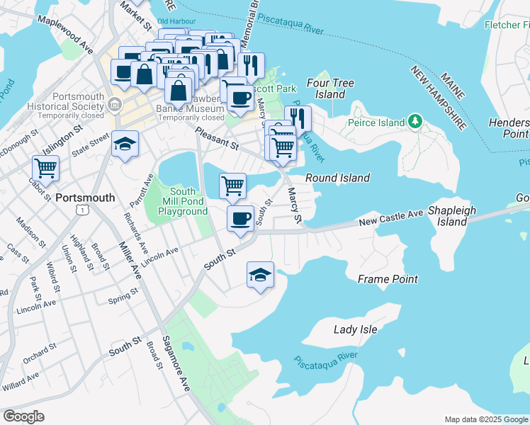 map of restaurants, bars, coffee shops, grocery stores, and more near 134 South Street in Portsmouth