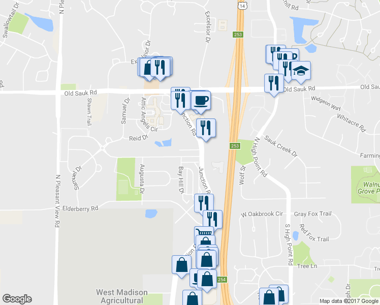 map of restaurants, bars, coffee shops, grocery stores, and more near 8310 Blackwolf Drive in Madison
