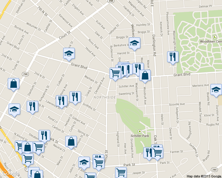 map of restaurants, bars, coffee shops, grocery stores, and more near 1400 Butternut Street in Syracuse