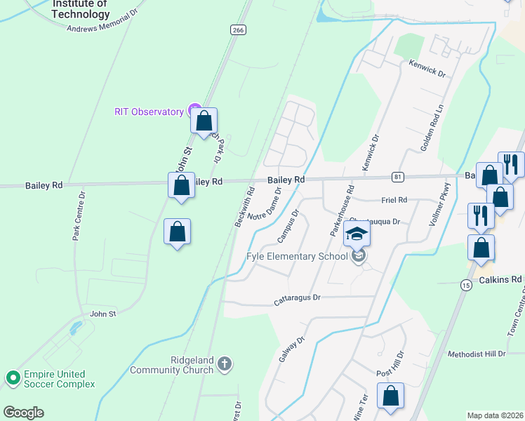 map of restaurants, bars, coffee shops, grocery stores, and more near 51 Notre Dame Drive in Rochester