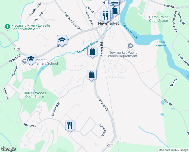 map of restaurants, bars, coffee shops, grocery stores, and more near 76 Exeter Road in Newmarket
