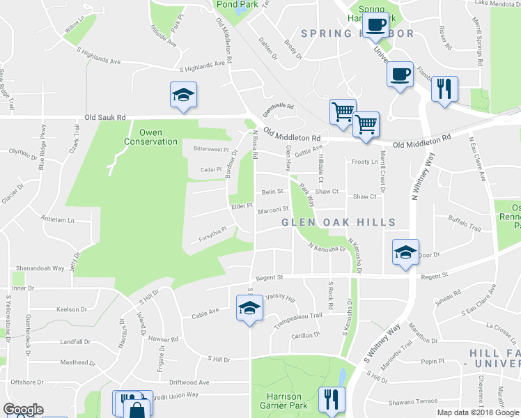 map of restaurants, bars, coffee shops, grocery stores, and more near 5530 Marconi Street in Madison